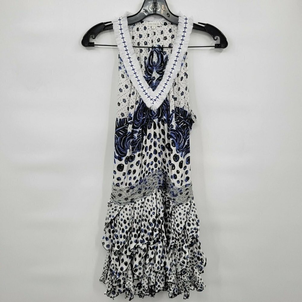 Poupette St Barth Women Blue Ruffle Boho Tiered V Neck Beline Mini Dress Small